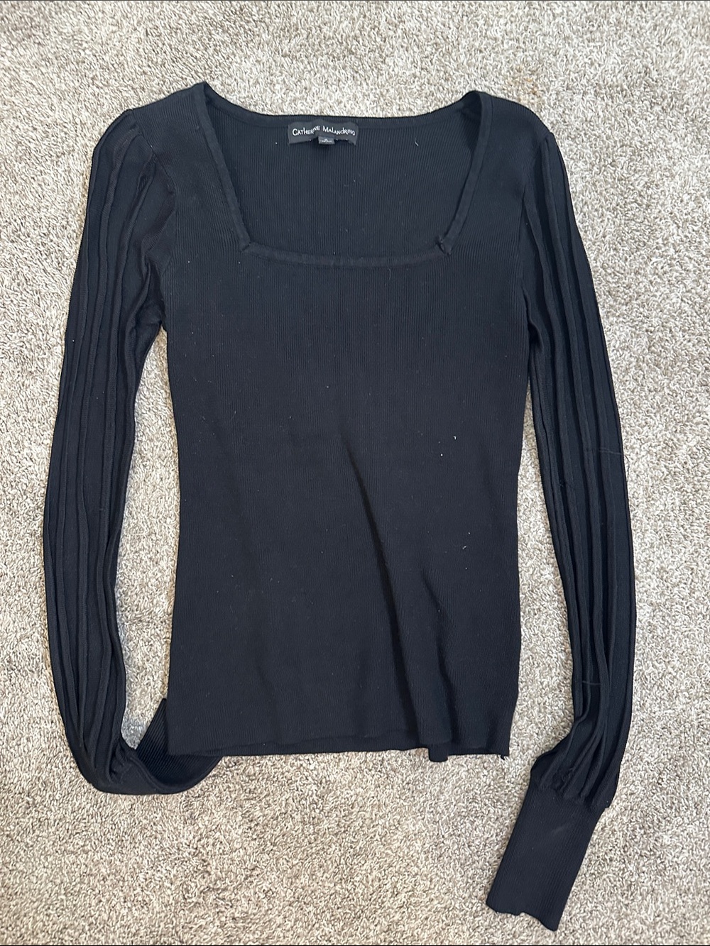 Catherine Malendrino black Ribbed Square-Neck Long Sleeve Top